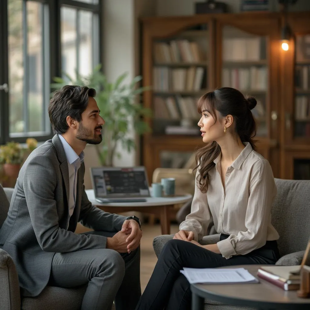 Dos personas en una consulta presencial en una oficina