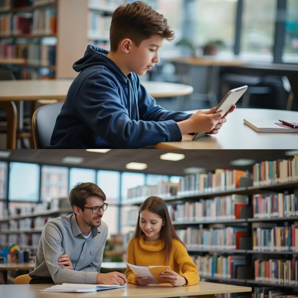 Estudiante usando tablet para tutoría y luego en biblioteca