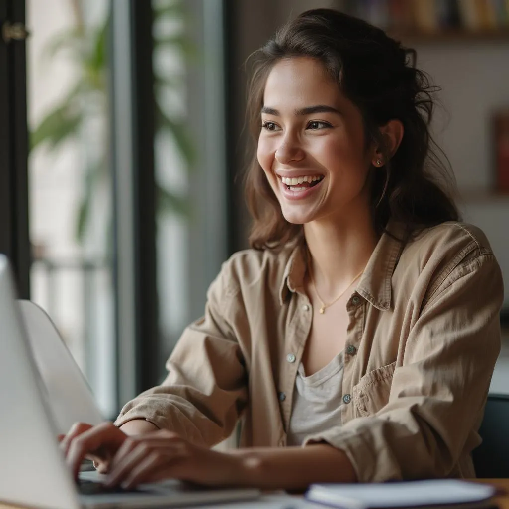 Mujer sonriendo usando un portátil para una consulta