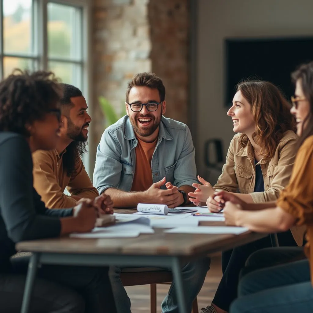 Grupo de personas discutiendo animadamente en un taller